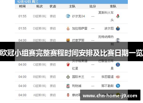 欧冠小组赛完整赛程时间安排及比赛日期一览
