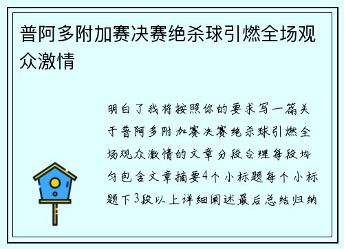 普阿多附加赛决赛绝杀球引燃全场观众激情